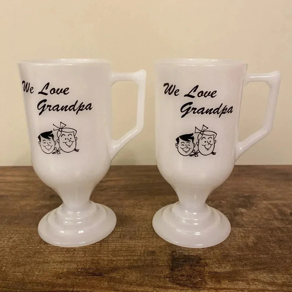 Vintage Federal Milk Glass Irish Coffee I Love Grandpa I Love Grandma Mug Set